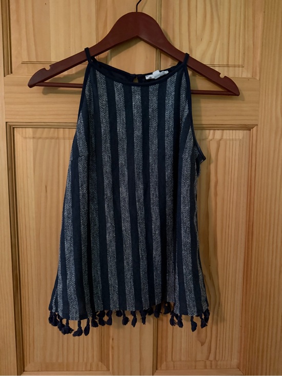 THML Tops - THML Navy and Cream Striped Tank with Tassel Trim